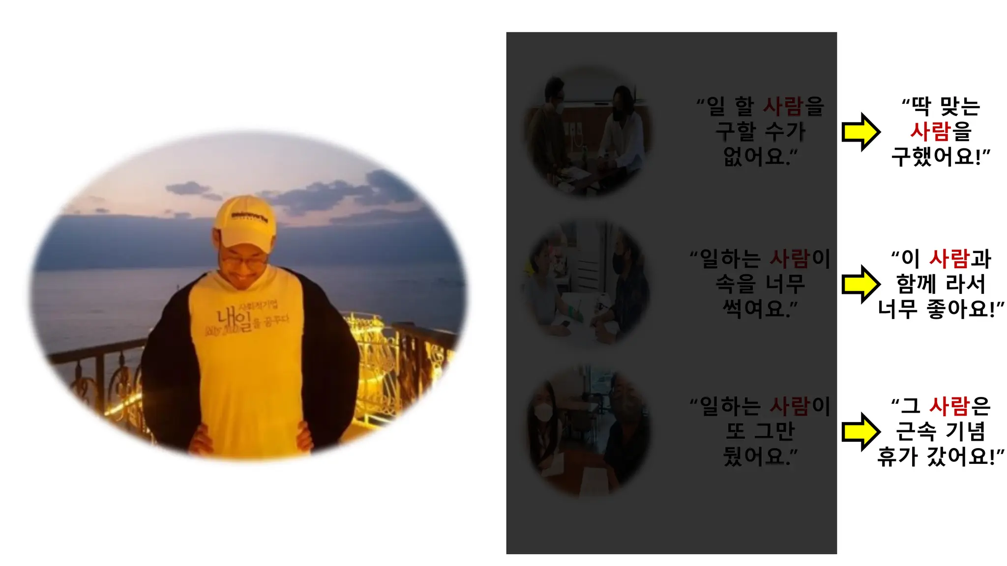 “일하는 사람이
속을 너무
썩여요.”
“일하는 사람이
또 그만
뒀어요.”
“일 할 사람을
구할 수가
없어요.”
“딱 맞는
사람을
구했어요!”
“이 사람과
함께 라서
너무 좋아요!”
“그 사람은
근속 기념
휴가 갔어요!”
 
