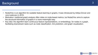 3
Background
• Node2Vec is an algorithm for scalable feature learning in graphs. It was introduced by Aditya Grover and
Ju...