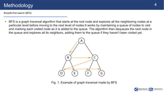 4
Methodology
Breadth-first search (BFS)
• BFS is a graph traversal algorithm that starts at the root node and explores all the neighboring nodes at a
particular level before moving to the next level of nodes.It works by maintaining a queue of nodes to visit
and marking each visited node as it is added to the queue. The algorithm then dequeues the next node in
the queue and explores all its neighbors, adding them to the queue if they haven’t been visited yet.
Fig. 1. Example of graph traversal made by BFS
 