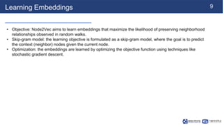 9
Learning Embeddings
• Objective: Node2Vec aims to learn embeddings that maximize the likelihood of preserving neighborhood
relationships observed in random walks.
• Skip-gram model: the learning objective is formulated as a skip-gram model, where the goal is to predict
the context (neighbor) nodes given the current node.
• Optimization: the embeddings are learned by optimizing the objective function using techniques like
stochastic gradient descent.
 