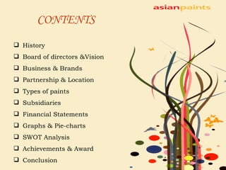 CONTENTS History Board of directors &Vision Business & Brands Partnership & Location Types of paints Subsidiaries Financial Statements Graphs & Pie-charts SWOT Analysis Achievements & Award Conclusion 