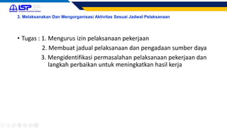 3. Melaksanakan Dan Mengorganisasi Aktivitas Sesuai Jadwal Pelaksanaan
• Tugas : 1. Mengurus izin pelaksanaan pekerjaan
2. Membuat jadual pelaksanaan dan pengadaan sumber daya
3. Mengidentifikasi permasalahan pelaksanaan pekerjaan dan
langkah perbaikan untuk meningkatkan hasil kerja
 