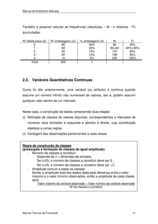Manual de Estatística Aplicada

Também é possível calcular as frequências (absolutas – Ni - e relativas - Fi)
acumuladas:
Nº defeituosos (X)
0
1
2
3
4
Total

Nº embalagens (ni)
80
60
30
20
10
200

% embalagens (fi)
40%
30%
15%
10%
5%
1

Ni
80
80+60
170
190
200

Fi
40%
40%+30%
85%
95%
100%

2.3. Variáveis Quantitativas Contínuas
Como foi dito anteriormente, uma variável (ou atributo) é contínua quando
assume um número infinito não numerável de valores, isto é, podem assumir
qualquer valor dentro de um intervalo.
Neste caso, a construção da tabela compreende duas etapas:
(i) Definição de classes de valores disjuntas, correspondentes a intervalos de
números reais fechados à esquerda e abertos à direita, cuja constituição
obedece a certas regras
(ii) Contagem das observações pertencentes a cada classe

Regra de construção de classes
(pressupõe a formação de classes de igual amplitude)
- Número de classes a constituir
Depende de n = dimensão da amostra
Se n≥25, o número de classes a constituir deve ser 5
Se n<25, o número de classes a constituir deve ser n
- Amplitude comum a todas as classes
Sendo a amplitude total dos dados dada pela diferença entre o valor
máximo e o valor mínimo observados, então a amplitude de cada classe
será:

Valor máximo da variável observado – Valor mínimo da variável observado
Nº de classes a constituir

Manual Técnico de Formando

11

 