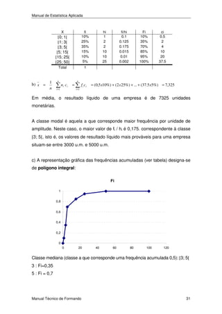 Manual de Estatística Aplicada

[0; 1[
[1; 3[
[3; 5[
[5; 15[
[15; 25[
[25; 50]

X

Total

b) x =

1
n

fi
10%
25%
35%
15%
10%
5%
1

n
i =1

ni c i

=

n
i =1

f i ci

hi
1
2
2
10
10
25

fi/hi
0.1
0.125
0.175
0.015
0.01
0.002

Fi
10%
35%
70%
85%
95%
100%

ci
0.5
2
4
10
20
37.5

= (0,5 x10%) + (2 x 25%) + ... + (37.5 x5%) = 7,325

Em média, o resultado líquido de uma empresa é de 7325 unidades
monetárias.
A classe modal é aquela a que corresponde maior frequência por unidade de
amplitude. Neste caso, o maior valor de fi / hi é 0,175. correspondente à classe
[3; 5[, isto é, os valores de resultado líquido mais prováveis para uma empresa

situam-se entre 3000 u.m. e 5000 u.m.
c) A representação gráfica das frequências acumuladas (ver tabela) designa-se
de polígono integral:
Fi
1
0,8
0,6
0,4
0,2
0
0

20

40

60

80

100

120

Classe mediana (classe a que corresponde uma frequência acumulada 0,5): [3; 5[
3 : Fi=0,35
5 : Fi = 0,7

Manual Técnico de Formando

31

 