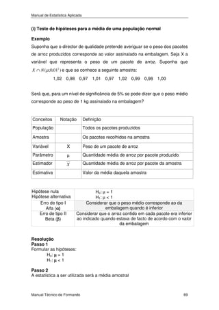 Manual de Estatística Aplicada

(i) Teste de hipóteses para a média de uma população normal
Exemplo

Suponha que o director de qualidade pretende averiguar se o peso dos pacotes
de arroz produzidos corresponde ao valor assinalado na embalagem. Seja X a
variável que representa o peso de um pacote de arroz. Suponha que
X ∩ N ( µ ;0,012 ) e que se conhece a seguinte amostra:

1,02 0,98 0,97 1,01 0,97 1,02 0,99 0,98 1,00
Será que, para um nível de significância de 5% se pode dizer que o peso médio
corresponde ao peso de 1 kg assinalado na embalagem?

Conceitos

Notação

Definição

População

Todos os pacotes produzidos

Amostra

Os pacotes recolhidos na amostra

Variável

X

Peso de um pacote de arroz

Parâmetro

µ

Quantidade média de arroz por pacote produzido

Estimador

X

Quantidade média de arroz por pacote da amostra

Estimativa

Hipótese nula
Hipótese alternativa
Erro de tipo I
Alfa (α)
Erro de tipo II
Beta (β)

Valor da média daquela amostra

Ho: µ = 1
H1: µ < 1
Considerar que o peso médio corresponde ao da
embalagem quando é inferior
Considerar que o arroz contido em cada pacote era inferior
ao indicado quando estava de facto de acordo com o valor
da embalagem

Resolução
Passo 1
Formular as hipóteses:
Ho: µ = 1
H1: µ < 1
Passo 2
A estatística a ser utilizada será a média amostral

Manual Técnico de Formando

69

 