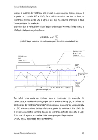 Manual de Estatística Aplicada

inferior e superior de vigilância: LIV e LSV) e os de controle (limites inferior e
superior de controle: LIC e LSC). Se a média amostral cair fora da área de
tolerância definida pelos LIC e LSC, é por que há alguma anomalia e deve
haver paragem da produção.
Supõe-se que a variável em estudo segue Distribuição Normal, sendo os LIC e
LSC calculados da seguinte forma:
LIC / LSC = µ0 +/-

cσ

n
(metodologia baseada na estimação por intervalos estudada atrás)

Ao definir uma carta de controle para a proporção, por exemplo, de
defeituosos, é necessário começar por definir a norma para p (p0) e 2 níveis de
controle: os de vigilância “garantida” (limites inferior e superior de vigilância: LIV
e LSV) e os de controle (limites inferior e superior de controle: LIC e LSC). Se
a proporção amostral cair fora da área de tolerância definida pelos LIC e LSC,
é por que há alguma anomalia e deve haver paragem da produção.
Os LIC e LSC calculados da seguinte forma:

Manual Técnico de Formando

83

 