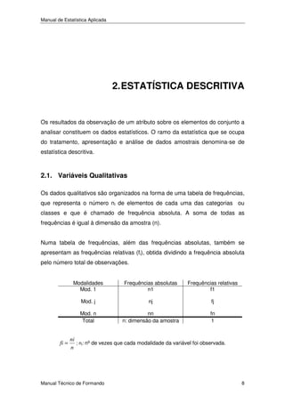 Manual de Estatística Aplicada

2. ESTATÍSTICA DESCRITIVA

Os resultados da observação de um atributo sobre os elementos do conjunto a
analisar constituem os dados estatísticos. O ramo da estatística que se ocupa
do tratamento, apresentação e análise de dados amostrais denomina-se de
estatística descritiva.

2.1. Variáveis Qualitativas
Os dados qualitativos são organizados na forma de uma tabela de frequências,
que representa o número ni de elementos de cada uma das categorias ou
classes e que é chamado de frequência absoluta. A soma de todas as
frequências é igual à dimensão da amostra (n).
Numa tabela de frequências, além das frequências absolutas, também se
apresentam as frequências relativas (fi), obtida dividindo a frequência absoluta
pelo número total de observações.
Modalidades
Mod. 1

Frequências relativas
f1

Mod. j

nj

fj

Mod. n
Total

fi =

Frequências absolutas
n1

nn
n: dimensão da amostra

fn
1

ni
; ni: nº de vezes que cada modalidade da variável foi observada.
n

Manual Técnico de Formando

8

 