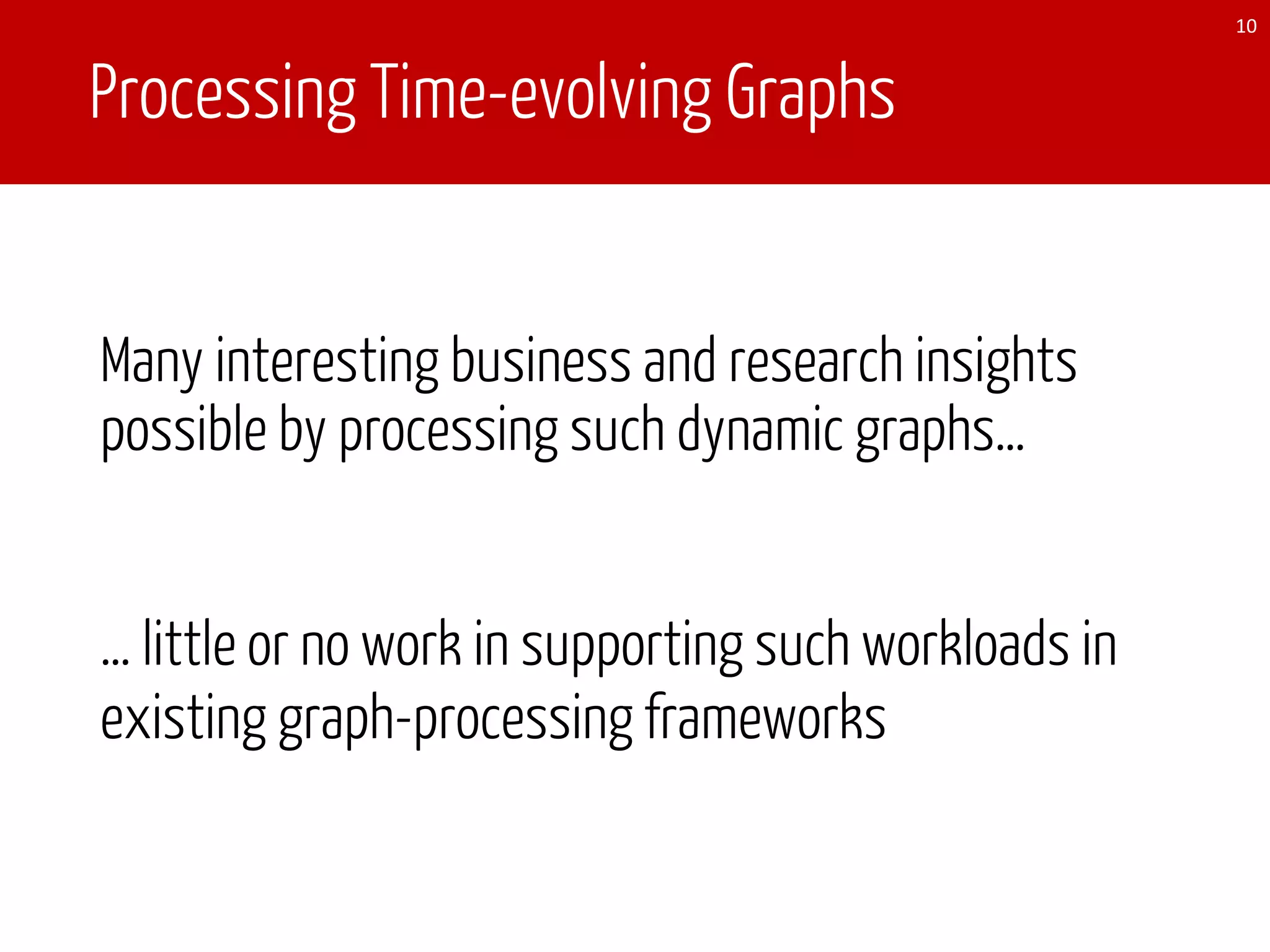 Processing Time-evolving Graphs
Many interesting business and research insights
possible by processing such dynamic graphs…
10
… little or no work in supporting such workloads in
existing graph-processing frameworks
 