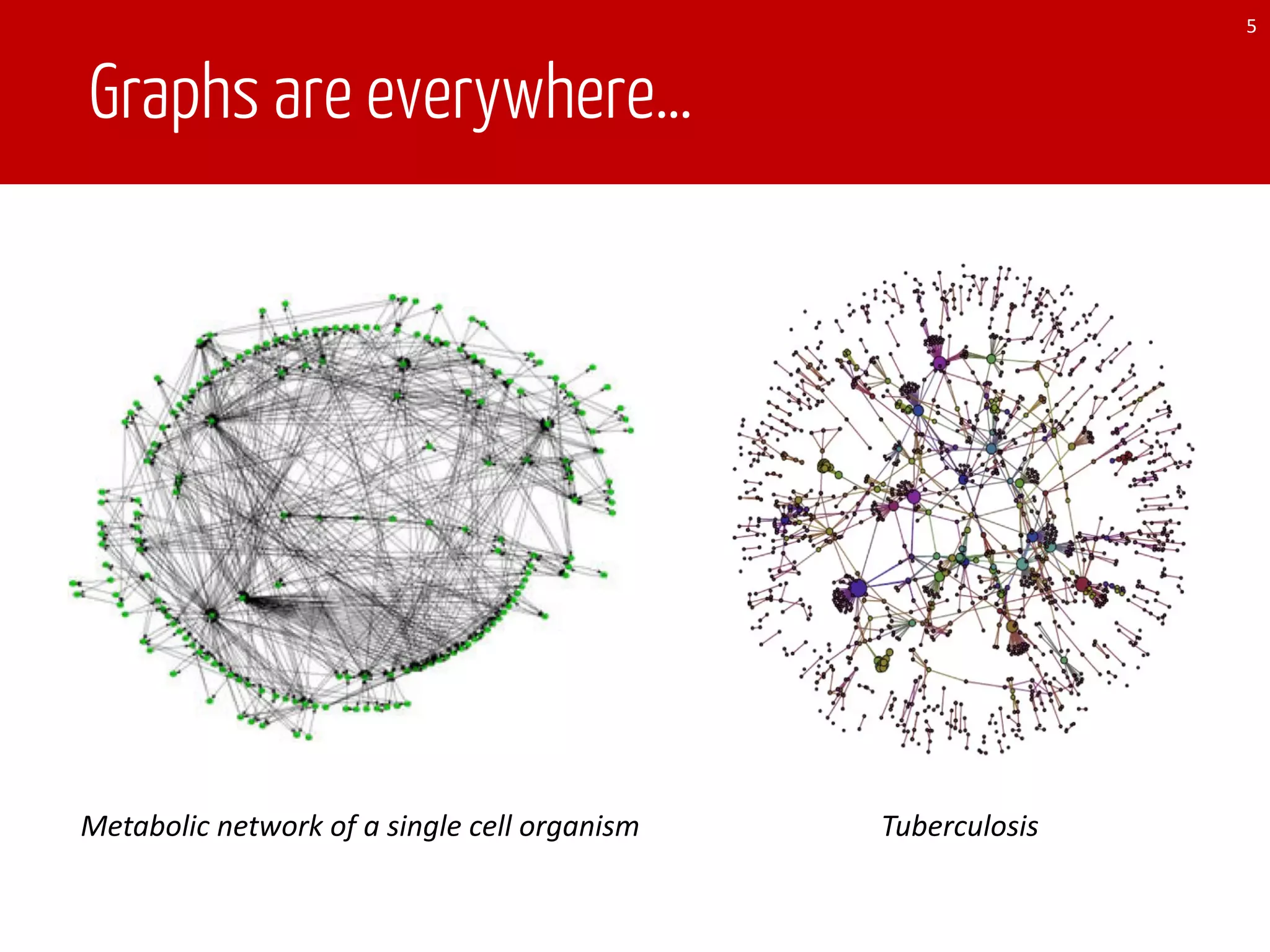 Graphs are everywhere…
Metabolic	network	of	a	single	cell	organism Tuberculosis
5
 