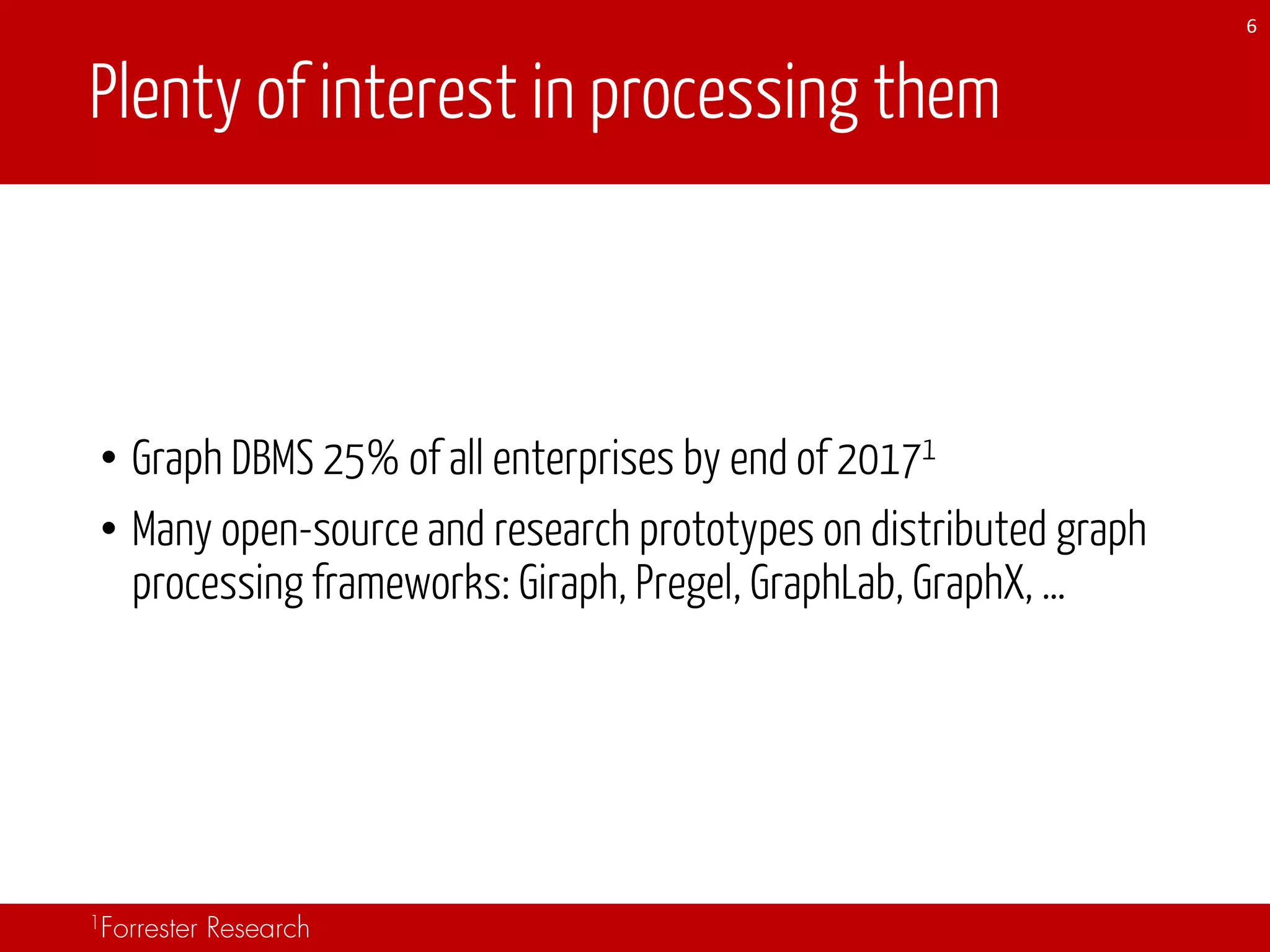 Plenty of interest in processing them
• Graph DBMS 25% of all enterprises by end of 20171
• Many open-source and research prototypes on distributed graph
processing frameworks: Giraph, Pregel, GraphLab, GraphX, …
1Forrester Research
6
 