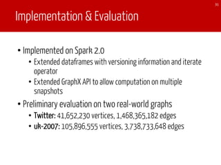 Implementation & Evaluation
• Implemented on Spark 2.0
• Extended dataframes with versioning information and iterate
operator
• Extended GraphX API to allow computation on multiple
snapshots
• Preliminary evaluation on two real-world graphs
• Twitter: 41,652,230 vertices, 1,468,365,182 edges
• uk-2007: 105,896,555 vertices, 3,738,733,648 edges
31
 