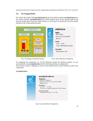 International Journal of Computer Science, Engineering and Applications (IJCSEA) Vol.2, No.3, June 2012
20
2.4. Pre-Staging Model.
We submit the Condor VM (aow12grid.uab.es) job from submit machine (aow5grid.uab.es) to
the execute machine (aow5grid.uab.es) the virtual machine boots on the execute machine and
joins the condor pool. Once the virtual machine is on the pool we submit jobs from the submit
machine to the virtual machine directly.
Fig.1: Pre-Staging Architectural Design. Fig.2: Submit Machine Configuration.
For designing the architecture we use the following systems for hardware purpose we use
aow5grid.uab.es and aow4grid.uab.es with the following hardware configurations.
This system is used as a Manager as well as a job submitter and is used to submit our jobs to the
condor pool.
Aow4grid.uab.es
Fig.3: Execute Machine Configuration.
 