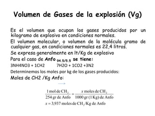 Volumen de Gases de la explosión (Vg)
Es el volumen que ocupan los gases producidos por un
kilogramo de explosivo en condiciones normales.
El volumen molecular, o volumen de la molécula gramo de
cualquier gas, en condiciones normales es 22,4 litros.
Se expresa generalmente en lt/Kg de explosivo
Para el caso de Anfo 94.5/5.5 se tiene:
3NH4NO3 + 1CH2 7H2O + 1CO2 +3N2
Determinemos los moles por kg de los gases producidos:
Moles de CH2 /Kg Anfo:
Anfode/KgCHdemoles937,3
AnfodeKg)(1gr1000
CHdemoles
Anfodegr254
CHdemol1
2
22
=
=
x
x
 