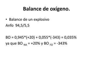 Balance de oxígeno.
• Balance de un explosivo
Anfo 94,5/5,5
BO = 0,945*(+20) + 0,055*(‐343) = 0,035%
ya que BO NA = +20% y BO FO = ‐343%
 
