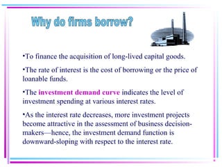 •To finance the acquisition of long-lived capital goods.
•The rate of interest is the cost of borrowing or the price of
loanable funds.
•The investment demand curve indicates the level of
investment spending at various interest rates.
•As the interest rate decreases, more investment projects
become attractive in the assessment of business decision-
makers—hence, the investment demand function is
downward-sloping with respect to the interest rate.
 