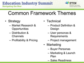 Common Framework Themes
• Strategy
– Market Research &
Opportunities
– Distribution &
Channels
– Profitability & Pricing
•...