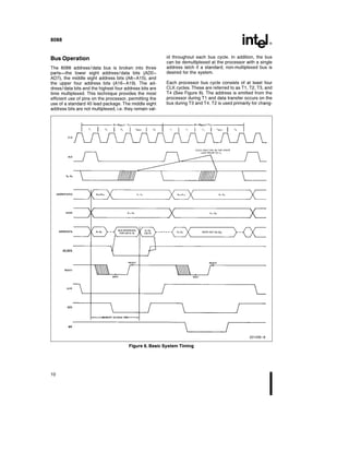 8088
Bus Operation
The 8088 address data bus is broken into three
parts the lower eight address data bits (AD0–
AD7) the middle eight address bits (A8–A15) and
the upper four address bits (A16–A19) The ad-
dress data bits and the highest four address bits are
time multiplexed This technique provides the most
efficient use of pins on the processor permitting the
use of a standard 40 lead package The middle eight
address bits are not multiplexed i e they remain val-
id throughout each bus cycle In addition the bus
can be demultiplexed at the processor with a single
address latch if a standard non-multiplexed bus is
desired for the system
Each processor bus cycle consists of at least four
CLK cycles These are referred to as T1 T2 T3 and
T4 (See Figure 8) The address is emitted from the
processor during T1 and data transfer occurs on the
bus during T3 and T4 T2 is used primarily for chang-
231456–8
Figure 8 Basic System Timing
10
 