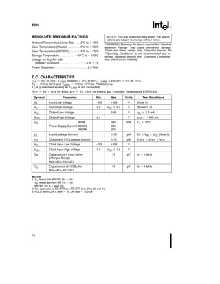 8088
ABSOLUTE MAXIMUM RATINGS
Ambient Temperature Under Bias 0 C to a70 C
Case Temperature (Plastic) 0 C to a95 C
Case Temperature (CERDIP) 0 C to a75 C
Storage Temperature b65 C to a150 C
Voltage on Any Pin with
Respect to Ground b1 0 to a7V
Power Dissipation 2 5 Watt
NOTICE This is a production data sheet The specifi-
cations are subject to change without notice
WARNING Stressing the device beyond the ‘‘Absolute
Maximum Ratings’’ may cause permanent damage
These are stress ratings only Operation beyond the
‘‘Operating Conditions’’ is not recommended and ex-
tended exposure beyond the ‘‘Operating Conditions’’
may affect device reliability
D C CHARACTERISTICS
(TA e 0 C to 70 C TCASE (Plastic) e 0 C to 95 C TCASE (CERDIP) e 0 C to 75 C
TA e 0 C to 55 C and TCASE e 0 C to 75 C for P8088-2 only
TA is guaranteed as long as TCASE is not exceeded)
(VCC e 5V g10% for 8088 VCC e 5V g5% for 8088-2 and Extended Temperature EXPRESS)
Symbol Parameter Min Max Units Test Conditions
VIL Input Low Voltage b0 5 a0 8 V (Note 1)
VIH Input High Voltage 2 0 VCC a 0 5 V (Notes 1 2)
VOL Output Low Voltage 0 45 V IOL e 2 0 mA
VOH Output High Voltage 2 4 V IOH e b400 mA
ICC 8088 340 mA TA e 25 C
Power Supply Current 8088-2 350
P8088 250
ILI Input Leakage Current g10 mA 0V s VIN s VCC (Note 3)
ILO Output and I O Leakage Current g10 mA 0 45V s VOUT s VCC
VCL Clock Input Low Voltage b0 5 a0 6 V
VCH Clock Input High Voltage 3 9 VCC a 1 0 V
CIN Capacitance If Input Buffer 15 pF fc e 1 MHz
(All Input Except
AD0–AD7 RQ GT)
CIO Capacitance of I O Buffer 15 pF fc e 1 MHz
AD0–AD7 RQ GT)
NOTES
1 VIL tested with MN MX Pin e 0V
VIH tested with MN MX Pin e 5V
MN MX Pin is a strap Pin
2 Not applicable to RQ GT0 and RQ GT1 Pins (Pins 30 and 31)
3 HOLD and HLDA ILI Min e 30 mA Max e 500 mA
16
 