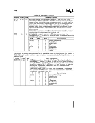 8088
Table 1 Pin Description (Continued)
Symbol Pin No Type Name and Function
HOLD
HLDA
31 30 I O HOLD indicates that another master is requesting a local bus ‘‘hold’’ To be
acknowledged HOLD must be active HIGH The processor receiving the ‘‘hold’’
request will issue HLDA (HIGH) as an acknowledgement in the middle of a T4 or
Ti clock cycle Simultaneous with the issuance of HLDA the processor will float
the local bus and control lines After HOLD is detected as being LOW the
processor lowers HLDA and when the processor needs to run another cycle it
will again drive the local bus and control lines HOLD and HLDA have internal
pull-up resistors
Hold is not an asynchronous input External synchronization should be provided if
the system cannot otherwise guarantee the set up time
SSO 34 O STATUS LINE is logically equivalent to SO in the maximum mode The
combination of SSO IO M and DT R allows the system to completely decode the
current bus cycle status
IO M DT R SSO Characteristics
1(HIGH) 0 0 Interrupt Acknowledge
1 0 1 Read I O Port
1 1 0 Write I O Port
1 1 1 Halt
0(LOW) 0 0 Code Access
0 0 1 Read Memory
0 1 0 Write Memory
0 1 1 Passive
The following pin function descriptions are for the 8088 8288 system in maximum mode (i e MN MX e
GND) Only the pin functions which are unique to maximum mode are described all other pin functions are as
described above
Symbol Pin No Type Name and Function
S2 S1 S0 26–28 O STATUS is active during clock high of T4 T1 and T2 and is returned to the
passive state (1 1 1) during T3 or during Tw when READY is HIGH This status is
used by the 8288 bus controller to generate all memory and I O access control
signals Any change by S2 S1 or S0 during T4 is used to indicate the beginning
of a bus cycle and the return to the passive state in T3 and Tw is used to
indicate the end of a bus cycle
These signals float to 3-state OFF during ‘‘hold acknowledge’’ During the first
clock cycle after RESET becomes active these signals are active HIGH After
this first clock they float to 3-state OFF
S2 S1 S0 Characteristics
0(LOW) 0 0 Interrupt Acknowledge
0 0 1 Read I O Port
0 1 0 Write I O Port
0 1 1 Halt
1(HIGH) 0 0 Code Access
1 0 1 Read Memory
1 1 0 Write Memory
1 1 1 Passive
4
 