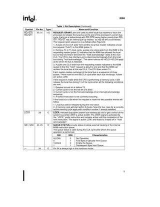 8088
Table 1 Pin Description (Continued)
Symbol Pin No Type Name and Function
RQ GT0
RQ GT1
30 31 I O REQUEST GRANT pins are used by other local bus masters to force the
processor to release the local bus at the end of the processor’s current bus
cycle Each pin is bidirectional with RQ GT0 having higher priority than RQ
GT1 RQ GT has an internal pull-up resistor so may be left unconnected
The request grant sequence is as follows (See Figure 8)
1 A pulse of one CLK wide from another local bus master indicates a local
bus request (‘‘hold’’) to the 8088 (pulse 1)
2 During a T4 or TI clock cycle a pulse one clock wide from the 8088 to the
requesting master (pulse 2) indicates that the 8088 has allowed the local
bus to float and that it will enter the ‘‘hold acknowledge’’ state at the next
CLK The CPU’s bus interface unit is disconnected logically from the local
bus during ‘‘hold acknowledge’’ The same rules as for HOLD HOLDA apply
as for when the bus is released
3 A pulse one CLK wide from the requesting master indicates to the 8088
(pulse 3) that the ‘‘hold’’ request is about to end and that the 8088 can
reclaim the local bus at the next CLK The CPU then enters T4
Each master-master exchange of the local bus is a sequence of three
pulses There must be one idle CLK cycle after each bus exchange Pulses
are active LOW
If the request is made while the CPU is performing a memory cycle it will
release the local bus during T4 of the cycle when all the following conditions
are met
1 Request occurs on or before T2
2 Current cycle is not the low bit of a word
3 Current cycle is not the first acknowledge of an interrupt acknowledge
sequence
4 A locked instruction is not currently executing
If the local bus is idle when the request is made the two possible events will
follow
1 Local bus will be released during the next clock
2 A memory cycle will start within 3 clocks Now the four rules for a currently
active memory cycle apply with condition number 1 already satisfied
LOCK 29 O LOCK indicates that other system bus masters are not to gain control of the
system bus while LOCK is active (LOW) The LOCK signal is activated by
the ‘‘LOCK’’ prefix instruction and remains active until the completion of the
next instruction This signal is active LOW and floats to 3-state off in ‘‘hold
acknowledge’’
QS1 QS0 24 25 O QUEUE STATUS provide status to allow external tracking of the internal
8088 instruction queue
The queue status is valid during the CLK cycle after which the queue
operation is performed
QS1 QS0 Characteristics
0(LOW) 0 No Operation
0 1 First Byte of Opcode from Queue
1(HIGH) 0 Empty the Queue
1 1 Subsequent Byte from Queue
34 O Pin 34 is always high in the maximum mode
5
 