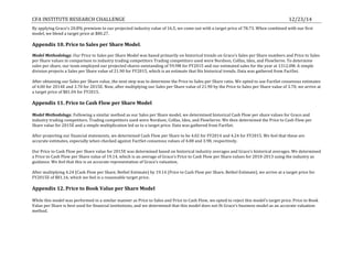 CFA	
  INSTITUTE	
  RESEARCH	
  CHALLENGE	
   	
   	
   	
   	
   	
   12/23/14	
  
By	
  applying	
  Graco’s	
  20.8%	
  premium	
  to	
  our	
  projected	
  industry	
  value	
  of	
  16.5,	
  we	
  come	
  out	
  with	
  a	
  target	
  price	
  of	
  78.73.	
  When	
  combined	
  with	
  our	
  first	
  
model,	
  we	
  blend	
  a	
  target	
  price	
  at	
  $80.27.	
  
	
  
Appendix	
  10.	
  Price	
  to	
  Sales	
  per	
  Share	
  Model.	
  
	
  
Model	
  Methodology.	
  Our	
  Price	
  to	
  Sales	
  per	
  Share	
  Model	
  was	
  based	
  primarily	
  on	
  historical	
  trends	
  on	
  Graco’s	
  Sales	
  per	
  Share	
  numbers	
  and	
  Price	
  to	
  Sales	
  
per	
  Share	
  values	
  in	
  comparison	
  to	
  industry	
  trading	
  competitors	
  Trading	
  competitors	
  used	
  were	
  Nordson,	
  Colfax,	
  Idex,	
  and	
  FlowServe.	
  To	
  determine	
  
sales	
  per	
  share,	
  our	
  team	
  employed	
  our	
  projected	
  shares	
  outstanding	
  of	
  59.9M	
  for	
  FY2015	
  and	
  our	
  estimated	
  sales	
  for	
  the	
  year	
  at	
  1312.0M.	
  A	
  simple	
  
division	
  projects	
  a	
  Sales	
  per	
  Share	
  value	
  of	
  21.90	
  for	
  FY2015,	
  which	
  is	
  an	
  estimate	
  that	
  fits	
  historical	
  trends.	
  Data	
  was	
  gathered	
  from	
  FactSet.	
  
	
  
After	
  obtaining	
  our	
  Sales	
  per	
  Share	
  value,	
  the	
  next	
  step	
  was	
  to	
  determine	
  the	
  Price	
  to	
  Sales	
  per	
  Share	
  ratio.	
  We	
  opted	
  to	
  use	
  FactSet	
  consensus	
  estimates	
  
of	
  4.00	
  for	
  2014E	
  and	
  3.70	
  for	
  2015E.	
  Now,	
  after	
  multiplying	
  our	
  Sales	
  per	
  Share	
  value	
  of	
  21.90	
  by	
  the	
  Price	
  to	
  Sales	
  per	
  Share	
  value	
  of	
  3.70,	
  we	
  arrive	
  at	
  
a	
  target	
  price	
  of	
  $81.04	
  for	
  FY2015.	
  
	
  
Appendix	
  11.	
  Price	
  to	
  Cash	
  Flow	
  per	
  Share	
  Model	
  
	
  
Model	
  Methodology.	
  Following	
  a	
  similar	
  method	
  as	
  our	
  Sales	
  per	
  Share	
  model,	
  we	
  determined	
  historical	
  Cash	
  Flow	
  per	
  share	
  values	
  for	
  Graco	
  and	
  
industry	
  trading	
  competitors.	
  Trading	
  competitors	
  used	
  were	
  Nordson,	
  Colfax,	
  Idex,	
  and	
  FlowServe.	
  We	
  then	
  determined	
  the	
  Price	
  to	
  Cash	
  Flow	
  per	
  
Share	
  value	
  for	
  2015E	
  and	
  a	
  simple	
  multiplication	
  led	
  us	
  to	
  a	
  target	
  price.	
  Data	
  was	
  gathered	
  from	
  FactSet.	
  
	
  
After	
  projecting	
  our	
  financial	
  statements,	
  we	
  determined	
  Cash	
  Flow	
  per	
  Share	
  to	
  be	
  4.02	
  for	
  FY2014	
  and	
  4.24	
  for	
  FY2015.	
  We	
  feel	
  that	
  these	
  are	
  
accurate	
  estimates,	
  especially	
  when	
  checked	
  against	
  FactSet	
  consensus	
  values	
  of	
  4.08	
  and	
  3.98,	
  respectively.	
  
	
  
Our	
  Price	
  to	
  Cash	
  Flow	
  per	
  Share	
  value	
  for	
  2015E	
  was	
  determined	
  based	
  on	
  historical	
  industry	
  averages	
  and	
  Graco’s	
  historical	
  averages.	
  We	
  determined	
  
a	
  Price	
  to	
  Cash	
  Flow	
  per	
  Share	
  value	
  of	
  19.14,	
  which	
  is	
  an	
  average	
  of	
  Graco’s	
  Price	
  to	
  Cash	
  Flow	
  per	
  Share	
  values	
  for	
  2010-­‐2013	
  using	
  the	
  industry	
  as	
  
guidance.	
  We	
  feel	
  that	
  this	
  is	
  an	
  accurate	
  representation	
  of	
  Graco’s	
  valuation.	
  
	
  
After	
  multiplying	
  4.24	
  (Cash	
  Flow	
  per	
  Share,	
  Bethel	
  Estimate)	
  by	
  19.14	
  (Price	
  to	
  Cash	
  Flow	
  per	
  Share,	
  Bethel	
  Estimate),	
  we	
  arrive	
  at	
  a	
  target	
  price	
  for	
  
FY2015E	
  of	
  $81.16,	
  which	
  we	
  feel	
  is	
  a	
  reasonable	
  target	
  price.	
  
	
  
Appendix	
  12.	
  Price	
  to	
  Book	
  Value	
  per	
  Share	
  Model	
  
	
  
While	
  this	
  model	
  was	
  performed	
  in	
  a	
  similar	
  manner	
  as	
  Price	
  to	
  Sales	
  and	
  Price	
  to	
  Cash	
  Flow,	
  we	
  opted	
  to	
  reject	
  this	
  model’s	
  target	
  price.	
  Price	
  to	
  Book	
  
Value	
  per	
  Share	
  is	
  best	
  used	
  for	
  financial	
  institutions,	
  and	
  we	
  determined	
  that	
  this	
  model	
  does	
  not	
  fit	
  Graco’s	
  business	
  model	
  as	
  an	
  accurate	
  valuation	
  
method.	
  
	
  
	
  
	
  
	
  
	
  
 