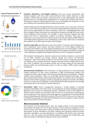 CFA INSTITUTE RESEARCH CHALLENGE 12/21/14
4
Customer, Distributor, and Supplier Intimacy. Graco has strong relationships with
material suppliers, end users, and channel partners. Their central attention is niche
markets in which they can charge a premium price for their high-quality and specific
products that are cost-effectively manufactured. In serving niche markets, they have a
determined customer-centered approach they use in developing new products to solve
new problems and continually improve existing product lines.
Despite selling heavily through distribution, Graco has made sure to stay close to the end
users to ensure that their products are not only the quality that they expected, but also to
seek out new opportunities for future innovation. They have a distinguished sales staff
that are highly trained and focused on showing their customers the high ROI they receive
from investing in Graco products. For example, in their contractor segment, the sales
people will travel to demonstrate products to potential customers. They allow the
contractors to use the products for a period of time to prove the quality and ROI inherent
in the high-quality equipment. Close relationships, such as these, allow Graco to maintain
their position as a product leader in these niche markets.
Product Leadership. Spending three times the amount of research and development as
their competitors, Graco ensures that their products are of the highest quality and
innovation (see Exhibit C, D). Their quality standards prove to be much higher as well, as
the company has committed to rigorous testing 10x the regulatory standards, compared
with competitors’ equipment that might break down at 2x or 3x regulatory standards.
Their product development is customer-centered and “enables customers to reduce their
use of labor, material and energy, improve quality and achieve environmental
compliance.” They invest heavily to help cut costs for their end-users and those customers
are willing to pay a premium for these solutions that help achieve a higher ROI on their
own work. In addition, Graco performs quality and accuracy testing at each important
juncture within the manufacturing process in order to achieve 100% product quality
certification.
Environmental Compliance. Graco maintains a strong commitment to environmentally
friendly machinery. In their recent acquisition of QED Environmental Systems, the
company has taken steps towards “environmental monitoring and remediation”. EcoQuip,
another recent acquisition, “offers an eco-friendly abrasive blasting technology”. Graco
also launched Diesel Exhaust Fluid dispensing solutions to facilitate clean and hygienic
disposal of these fluids in garages and heavy equipment maintenance facilities. The ability
for Graco to enter into and capitalize on environmentally friendly equipment will strongly
facilitate growth for the company’s top-line objectives.
Shareholder Value. Graco’s management maintains a strong initiative to provide
maximum shareholder value. This can be seen through two avenues: Dividends and Share
Buybacks. Graco strives to continuously provide a dividend at 30% of EPS (Exhibit E).
This per share valuation was recently raised to $1.20 on an annual basis, matching our
team’s projections. Graco has also announced aggressive commitment to reducing diluted
shares outstanding under 60M with a target by the end of FY2015, done at an average rate
of 10,000 shares per day. To reflect this commitment, we have employed a target common
shares level of 59.9 for FY2015 valuation.
Macroeconomic Outlook
The domestic macroeconomy shows slow, but steady growth in the post-recession
environment. We expect U.S. GDP to grow between 2-3% in 2015 (see Appendix 14-15).
Graco’s annual sales performance is fairly correlated with GDP, thus we expected to see
sales figures to grow minimally at 2%. After collecting and analyzing various economic
indicators and indices, we have determined a correlation with Graco’s sales and stock
price on a few key arenas: Oil and Mining Industries, Housing and Construction, and
Industrial Indices. End Market breakdown can be seen in Exhibit F.
Exhibit C: Source: Graco Numbers
Exhibit D. Source: FactSet, Team Estimates
Exhibit E Source: FactSet
Dividend Payout Ratio
Exhibit F: Source: Graco Numbers
Exhibit E Source: FactSet
 