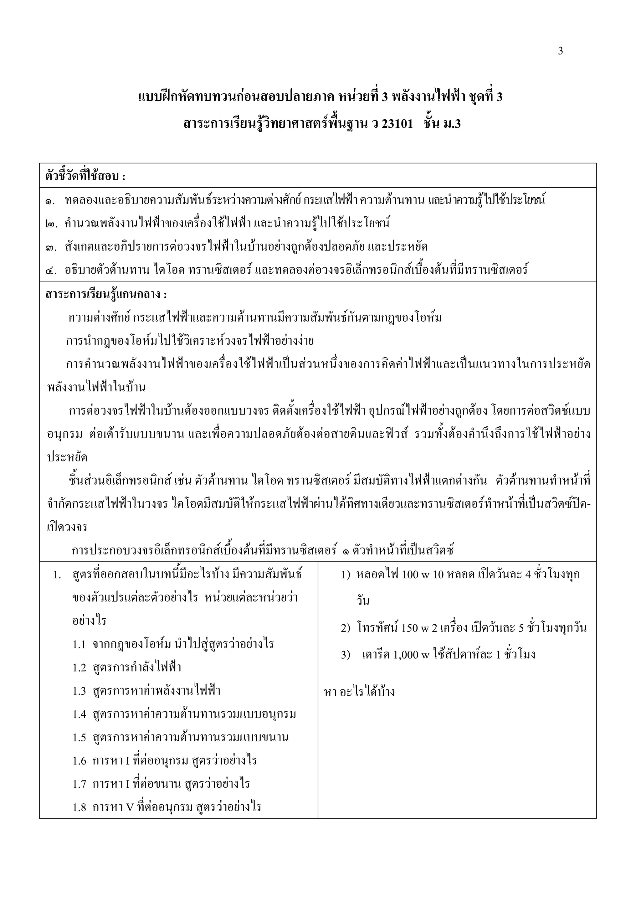 3

                   แบบฝกหัดทบทวนกอนสอบปลายภาค หนวยที่ 3 พลังงานไฟฟา ชุดที่ 3
                          สาระการเรียนรูวิทยาศาสตรพื้นฐาน ว 23101 ชั้น ม.3

ตัวชี้วัดที่ใชสอบ :
๑. ทดลองและอธิบายความสัมพันธระหวางความตางศักย กระแสไฟฟา ความตานทาน และนําความรูไปใชประโยชน
๒. คํานวณพลังงานไฟฟาของเครื่องใชไฟฟา และนําความรูไปใชประโยชน
๓. สังเกตและอภิปรายการตอวงจรไฟฟาในบานอยางถูกตองปลอดภัย และประหยัด
๔. อธิบายตัวตานทาน ไดโอด ทรานซิสเตอร และทดลองตอวงจรอิเล็กทรอนิกสเบื้องตนที่มีทรานซิสเตอร
สาระการเรียนรูแกนกลาง :
      ความตางศักย กระแสไฟฟาและความตานทานมีความสัมพันธกนตามกฎของโอหม
                                                                 ั
      การนํากฎของโอหมไปใชวิเคราะหวงจรไฟฟาอยางงาย
      การคํานวณพลังงานไฟฟาของเครื่องใชไฟฟาเปนสวนหนึ่งของการคิดคาไฟฟาและเปนแนวทางในการประหยัด
พลังงานไฟฟาในบาน
       การตอวงจรไฟฟาในบานตองออกแบบวงจร ติดตั้งเครื่องใชไฟฟา อุปกรณไฟฟาอยางถูกตอง โดยการตอสวิตชแบบ
อนุกรม ตอเตารับแบบขนาน และเพื่อความปลอดภัยตองตอสายดินและฟวส รวมทั้งตองคํานึงถึงการใชไฟฟาอยาง
ประหยัด
       ชิ้นสวนอิเล็กทรอนิกส เชน ตัวตานทาน ไดโอด ทรานซิสเตอร มีสมบัติทางไฟฟาแตกตางกัน ตัวตานทานทําหนาที่
จํากัดกระแสไฟฟาในวงจร ไดโอดมีสมบัติใหกระแสไฟฟาผานไดทิศทางเดียวและทรานซิสเตอรทําหนาที่เปนสวิตซปด-
เปดวงจร
       การประกอบวงจรอิเล็กทรอนิกสเบื้องตนที่มทรานซิสเตอร ๑ ตัวทําหนาที่เปนสวิตซ
                                                 ี
  1. สูตรที่ออกสอบในบทนี้มีอะไรบาง มีความสัมพันธ           1) หลอดไฟ 100 w 10 หลอด เปดวันละ 4 ชั่วโมงทุก
        ของตัวแปรแตละตัวอยางไร หนวยแตละหนวยวา                วัน
        อยางไร                                              2) โทรทัศน 150 w 2 เครื่อง เปดวันละ 5 ชั่วโมงทุกวัน
        1.1 จากกฎของโอหม นําไปสูสตรวาอยางไร
                                        ู
                                                             3) เตารีด 1,000 w ใชสัปดาหละ 1 ชั่วโมง
        1.2 สูตรการกําลังไฟฟา
        1.3 สูตรการหาคาพลังงานไฟฟา                      หา อะไรไดบาง
        1.4 สูตรการหาคาความตานทานรวมแบบอนุกรม
        1.5 สูตรการหาคาความตานทานรวมแบบขนาน
        1.6 การหา I ที่ตออนุกรม สูตรวาอยางไร
        1.7 การหา I ที่ตอขนาน สูตรวาอยางไร
        1.8 การหา V ที่ตออนุกรม สูตรวาอยางไร
 