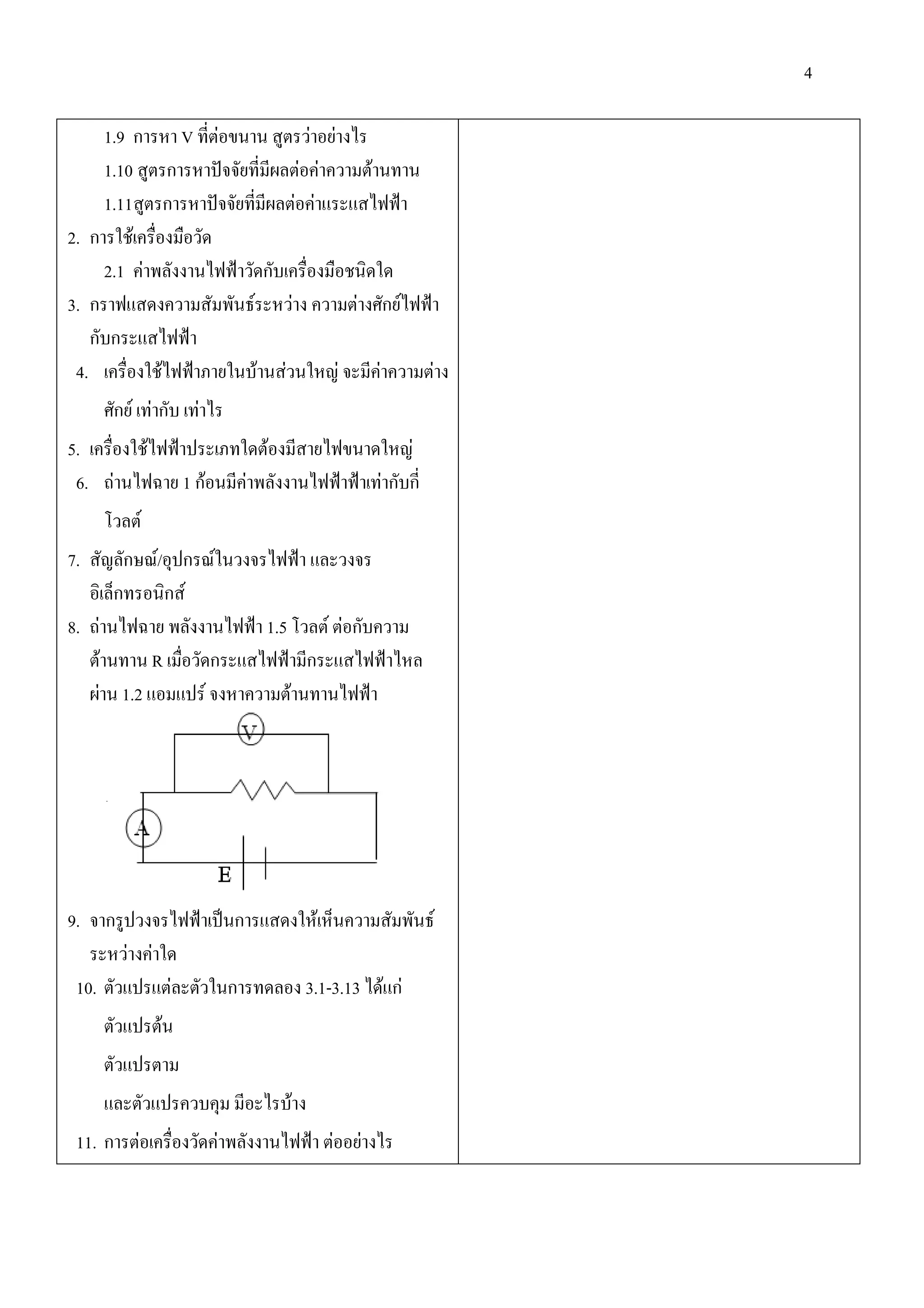 4

     1.9 การหา V ที่ตอขนาน สูตรวาอยางไร
     1.10 สูตรการหาปจจัยที่มีผลตอคาความตานทาน
     1.11สูตรการหาปจจัยที่มีผลตอคาแระแสไฟฟา
2. การใชเครื่องมือวัด
     2.1 คาพลังงานไฟฟาวัดกับเครื่องมือชนิดใด
3. กราฟแสดงความสัมพันธระหวาง ความตางศักยไฟฟา
   กับกระแสไฟฟา
 4. เครื่องใชไฟฟาภายในบานสวนใหญ จะมีคาความตาง
     ศักย เทากับ เทาไร
5. เครื่องใชไฟฟาประเภทใดตองมีสายไฟขนาดใหญ
 6. ถานไฟฉาย 1 กอนมีคาพลังงานไฟฟาฟาเทากับกี่
     โวลต
7. สัญลักษณ/อุปกรณในวงจรไฟฟา และวงจร
   อิเล็กทรอนิกส
8. ถานไฟฉาย พลังงานไฟฟา 1.5 โวลต ตอกับความ
   ตานทาน R เมือวัดกระแสไฟฟามีกระแสไฟฟาไหล
                ่
   ผาน 1.2 แอมแปร จงหาความตานทานไฟฟา




9. จากรูปวงจรไฟฟาเปนการแสดงใหเห็นความสัมพันธ
   ระหวางคาใด
 10. ตัวแปรแตละตัวในการทดลอง 3.1-3.13 ไดแก
     ตัวแปรตน
     ตัวแปรตาม
     และตัวแปรควบคุม มีอะไรบาง
 11. การตอเครื่องวัดคาพลังงานไฟฟา ตออยางไร
 