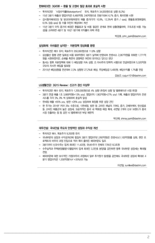 2
한화테크윈: 3Q리뷰 - 환율 및 고정비 절감 효과로 호실적 시현
- 투자의견은 ‘시장수익률(Maketperform)’ 유지, 목표주가 34,000원으로 상향 (6.3%)
- 15년 3분기 매출과 영업이익은 6,480억원, 240억원으로 전분기대비 6.7% 증가, 흑자전환 시현
- 감시형카메라(SS) 및 방산(파워)부문의 매출 증가(각각 10.9%, 12.3%씩 증가 / qoq), 환율효과(원화절하,
6.5% 상승 qoq) 등 수출 마진이 예상대비 개선
- 15년 3분기 이익 증가의 배경은 환율효과 및 비용 절감인 관계로 현재 상황(환율하락, 구조조정 비용 가능
성)을 고려하면 4분기 및 16년 1분기에 이익률이 하락 추정
박강호. john_park@daishin.com
삼성화재: 아쉬움은 남지만… 자본정책 정상화를 환영
- 투자의견은 매수 유지, 목표주가 350,000원으로 11.8% 상향
- 삼성물산 합병 관련 일회성 비용 909억원이 3분기 실적에 반영되며 컨센서스 2,067억원을 하회한 1,771억
원을 시현하였지만, 손해율 측면의 경쟁력은 여전히 유지되고 있다고 판단
- 동사는 향후 자본정책에 대해 1) 배당성향 지속 상향, 2) 자사주의 탄력적 시행으로 언급하였으며 5,320억원
규모의 자사주 매입을 발표함
- 2015년 배당성향을 전년대비 2.3% 상향된 27.2%로 예상, 주당배당금 5,400원, 배당수익률 1.7%를 전망
강승건. cygun101@daishin.com
LG생활건강: 3Q15 Review: 신고가 경신 이상무
- 투자의견은 매수 유지, 목표주가 1,200,000원으로 4% 상향 (추정치 상향 및 밸류에이션 시점 변경)
- 3분기 연결 매출 1조 3,868억원(+13% yoy), 영업이익 1,902억원(+27% yoy) 기록. 매출과 영업이익이 컨센
서스를 각각 3%, 9% 씩 상회하며 호실적 달성
- 면세점 매출 +65% yoy, 방판 +26% yoy 성장하며 화장품 부문 성장 견인
- 현 주가는 2016F PER 26x 수준으로, 1)면세점, 방판 등 고마진 채널의 기여도 증가, 2)헤어케어, 탄산음료
등 고마진 제품군의 높은 성장세, 3)공격적인 중국 내 백화점 매장 확대, 4)연말 2개의 신규 브랜드가 중국
시장 진출하는 점 등 감안 시 밸류에이션 부담 제한적
박신애. shinay.park@daishin.com
대우건설: 국내건설 주도의 안정적인 성장과 수익성 개선
- 투자의견 매수, 목표주가 9,200원 유지
- 국내부문의 성장과 수익성개선에 힘입어 3분기 영업이익(1,260억원)은 컨센서스(1,100억원)를 상회. 현안 프
로젝트의 마무리 과정 진입으로 적자 폭이 줄어든 해외부문도 일조
- 3분기까지 신규수주는 업계 최대인 11.4조원. 국내수주가 전체의 73%인 8.3조원
- 수주실적과 주택분양물량(10월말까지 업계 최대인 3.3만호 분양)을 감안하면 향후 국내부문 성장세는 확대될
전망.
- 해외부문에 대한 보수적인 가정(마무리 과정에서 일부 추가원가 발생)을 감안해도 국내부문 성장세 확대로 4
분기 영업이익은 1,200억원(YoY +35%)대 가능
이선일. sunillee@daishin.com
 