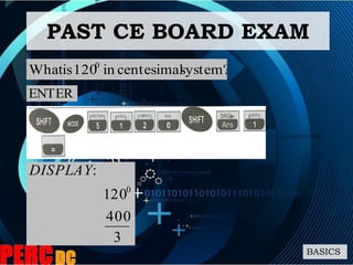 system?centesimalin120isWhat 0
PAST CE BOARD EXAM
BASICS
ENTER
3
400
201
:
0
DISPLAY
 