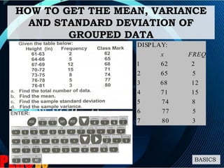 HOW TO GET THE MEAN, VARIANCE
AND STANDARD DEVIATION OF
GROUPED DATA
BASICS
3807
5776
8745
15714
12683
5652
2621
:DISPLAY
FREQx
 
