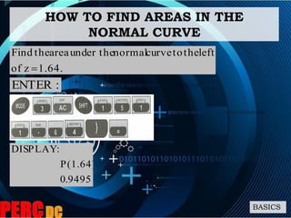 HOW TO FIND AREAS IN THE
NORMAL CURVE
BASICS
1.64.zof
leftthetocurvenormalunder theareatheFind

:ENTER
9495.0
P(1.64)
:DISPLAY
 