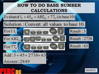 HOW TO DO BASE NUMBER
CALCULATIONS
BASICS
10.basetovaluesallConvert:Solution
10)base(in.77AB24511Evaluate 816102 
211For 3:Result
16AB2For 2738:Result
877For 63:Result
2849:Answer
632738453:Add 
 
