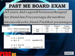 ..
,.
',5
agespresenttheirFindfriendhisasoldastimes
threewassheagoyearsFiveJunfriendher
ofagetheastwicebewillagesAnayearsIn
PAST ME BOARD EXAM
BASICS
 