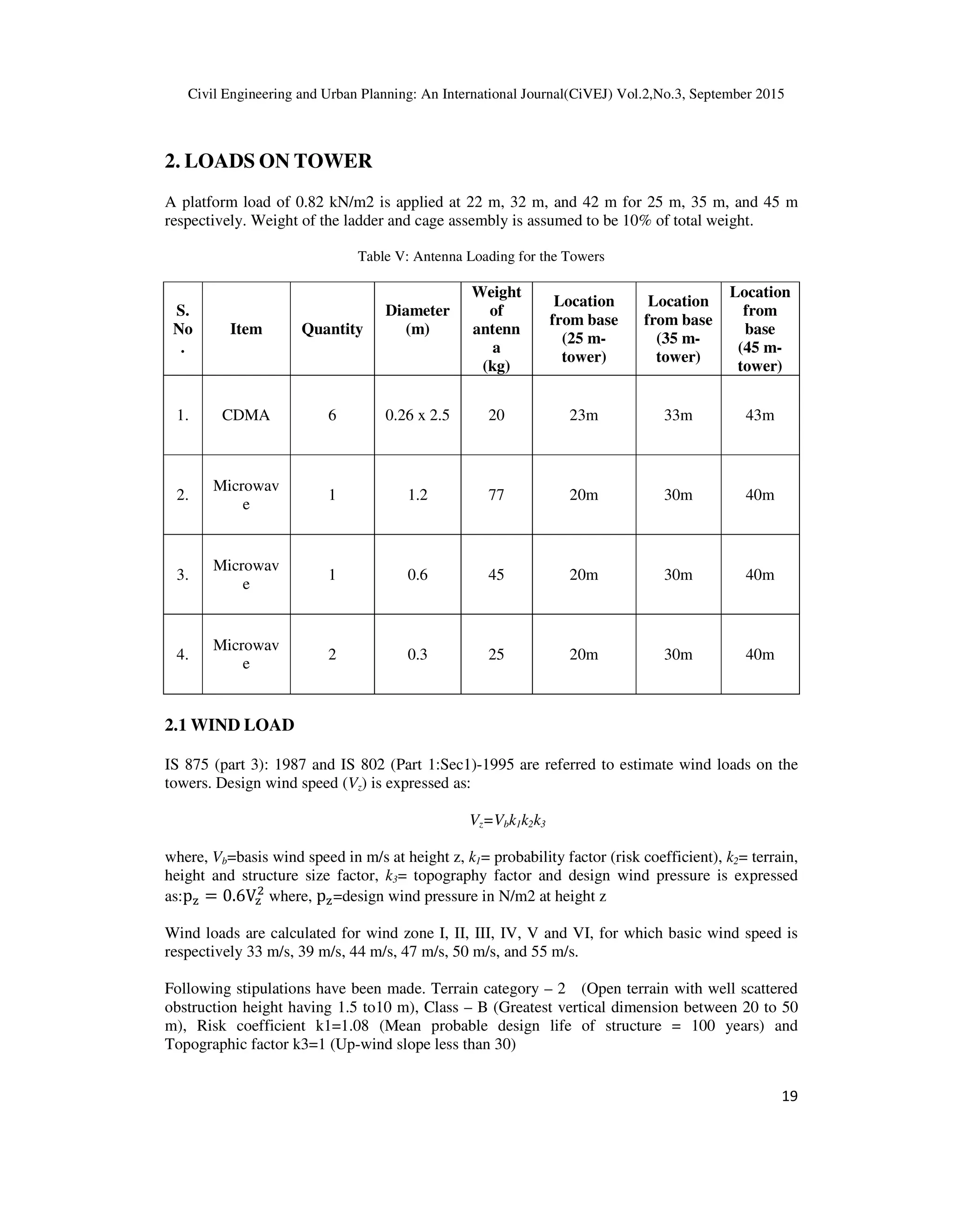 Civil Engineering and Urban Planning: An International Journal(CiVEJ) Vol.2,No.3, September 2015
19
2. LOADS ON TOWER
A platform load of 0.82 kN/m2 is applied at 22 m, 32 m, and 42 m for 25 m, 35 m, and 45 m
respectively. Weight of the ladder and cage assembly is assumed to be 10% of total weight.
Table V: Antenna Loading for the Towers
S.
No
.
Item Quantity
Diameter
(m)
Weight
of
antenn
a
(kg)
Location
from base
(25 m-
tower)
Location
from base
(35 m-
tower)
Location
from
base
(45 m-
tower)
1. CDMA 6 0.26 x 2.5 20 23m 33m 43m
2.
Microwav
e
1 1.2 77 20m 30m 40m
3.
Microwav
e
1 0.6 45 20m 30m 40m
4.
Microwav
e
2 0.3 25 20m 30m 40m
2.1 WIND LOAD
IS 875 (part 3): 1987 and IS 802 (Part 1:Sec1)-1995 are referred to estimate wind loads on the
towers. Design wind speed (Vz) is expressed as:
Vz=Vbk1k2k3
where, Vb=basis wind speed in m/s at height z, k1= probability factor (risk coefficient), k2= terrain,
height and structure size factor, k3= topography factor and design wind pressure is expressed
as:p୸ = 0.6V୸
ଶ
where, p୸=design wind pressure in N/m2 at height z
Wind loads are calculated for wind zone I, II, III, IV, V and VI, for which basic wind speed is
respectively 33 m/s, 39 m/s, 44 m/s, 47 m/s, 50 m/s, and 55 m/s.
Following stipulations have been made. Terrain category – 2 (Open terrain with well scattered
obstruction height having 1.5 to10 m), Class – B (Greatest vertical dimension between 20 to 50
m), Risk coefficient k1=1.08 (Mean probable design life of structure = 100 years) and
Topographic factor k3=1 (Up-wind slope less than 30)
 