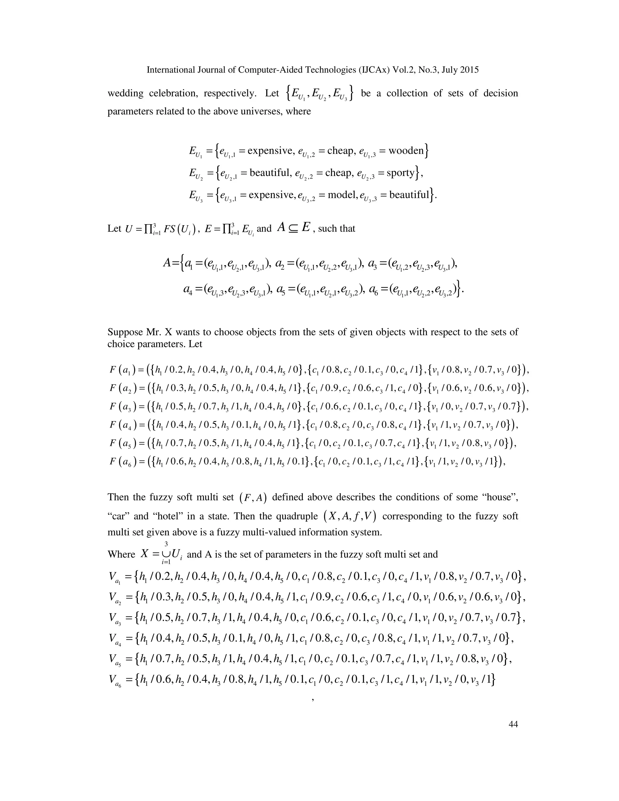 International Journal of Computer-Aided Technologies (IJCAx) Vol.2, No.3, July 2015
44
wedding celebration, respectively. Let { }1 2 3
, ,U U UE E E be a collection of sets of decision
parameters related to the above universes, where
{ }
{ }
{ }
1 1 1 1
2 2 2 2
3 3 3 3
,1 ,2 ,3
,1 ,2 ,3
,1 ,2 ,3
expensive, cheap, wooden
beautiful, cheap, sporty ,
expensive, model, beautiful .
U U U U
U U U U
U U U U
E e e e
E e e e
E e e e
= = = =
= = = =
= = = =
Let ( )3
1i iU FS U== ∏ , 3
1 ii UE E== ∏ and A E⊆ , such that
{
}
1 2 3 1 2 3 1 2 3
1 2 3 1 2 3 1 2 3
1 ,1 ,1 ,1 2 ,1 ,2 ,1 3 ,2 ,3 ,1
4 ,3 ,3 ,1 5 ,1 ,1 ,2 6 ,1 ,2 ,2
( , , ), ( , , ), ( , , ),
( , , ), ( , , ), ( , , ) .
U U U U U U U U U
U U U U U U U U U
A a e e e a e e e a e e e
a e e e a e e e a e e e
= = = =
= = =
Suppose Mr. X wants to choose objects from the sets of given objects with respect to the sets of
choice parameters. Let
( ) { } { } { }( )
( ) { } { } { }( )
( ) { }
1 1 2 3 4 5 1 2 3 4 1 2 3
2 1 2 3 4 5 1 2 3 4 1 2 3
3 1 2 3 4 5 1 2
/ 0.2, / 0.4, / 0, / 0.4, / 0 , / 0.8, / 0.1, / 0, /1 , / 0.8, / 0.7, / 0 ,
/ 0.3, / 0.5, / 0, / 0.4, /1 , / 0.9, / 0.6, /1, / 0 , / 0.6, / 0.6, / 0 ,
/ 0.5, / 0.7, /1, / 0.4, / 0 , / 0.6,
F a h h h h h c c c c v v v
F a h h h h h c c c c v v v
F a h h h h h c c
=
=
= { } { }( )
( ) { } { } { }( )
( ) { } { } { }( )
( )
3 4 1 2 3
4 1 2 3 4 5 1 2 3 4 1 2 3
5 1 2 3 4 5 1 2 3 4 1 2 3
6 1 2
/ 0.1, / 0, /1 , / 0, / 0.7, / 0.7 ,
/ 0.4, / 0.5, / 0.1, / 0, /1 , / 0.8, / 0, / 0.8, /1 , /1, / 0.7, / 0 ,
/ 0.7, / 0.5, /1, / 0.4, /1 , / 0, / 0.1, / 0.7, /1 , /1, / 0.8, / 0 ,
/ 0.6, /
c c v v v
F a h h h h h c c c c v v v
F a h h h h h c c c c v v v
F a h h
=
=
= { } { } { }( )3 4 5 1 2 3 4 1 2 30.4, / 0.8, /1, / 0.1 , / 0, / 0.1, /1, /1 , /1, / 0, /1 ,h h h c c c c v v v
Then the fuzzy soft multi set ( ),F A defined above describes the conditions of some “house”,
“car” and “hotel” in a state. Then the quadruple ( ), , ,X A f V corresponding to the fuzzy soft
multi set given above is a fuzzy multi-valued information system.
Where
3
1
i
i
X U
=
= ∪ and A is the set of parameters in the fuzzy soft multi set and
{ }
{ }
1
2
3
1 2 3 4 5 1 2 3 4 1 2 3
1 2 3 4 5 1 2 3 4 1 2 3
1 2 3 4 5 1 2
/ 0.2, / 0.4, / 0, / 0.4, / 0, / 0.8, / 0.1, / 0, /1, / 0.8, / 0.7, / 0 ,
/ 0.3, / 0.5, / 0, / 0.4, /1, / 0.9, / 0.6, /1, / 0, / 0.6, / 0.6, / 0 ,
/ 0.5, / 0.7, /1, / 0.4, / 0, / 0.6,
a
a
a
V h h h h h c c c c v v v
V h h h h h c c c c v v v
V h h h h h c c
=
=
= { }
{ }
{ }
4
5
6
3 4 1 2 3
1 2 3 4 5 1 2 3 4 1 2 3
1 2 3 4 5 1 2 3 4 1 2 3
1 2
/ 0.1, / 0, /1, / 0, / 0.7, / 0.7 ,
/ 0.4, / 0.5, / 0.1, / 0, /1, / 0.8, / 0, / 0.8, /1, /1, / 0.7, / 0 ,
/ 0.7, / 0.5, /1, / 0.4, /1, / 0, / 0.1, / 0.7, /1, /1, / 0.8, / 0 ,
/ 0.6, /
a
a
a
c c v v v
V h h h h h c c c c v v v
V h h h h h c c c c v v v
V h h
=
=
= { }3 4 5 1 2 3 4 1 2 30.4, / 0.8, /1, / 0.1, / 0, / 0.1, /1, /1, /1, / 0, /1h h h c c c c v v v
,
 