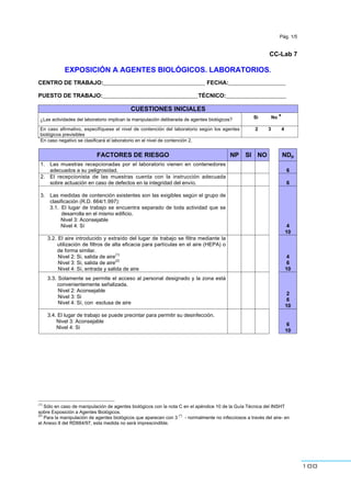 100
Pág. 1/5
CC-Lab 7
EXPOSICIÓN A AGENTES BIOLÓGICOS. LABORATORIOS.
CENTRO DE TRABAJO:________________________________ FECHA:__________________
PUESTO DE TRABAJO:______________________________TÉCNICO:___________________
CUESTIONES INICIALES
¿Las actividades del laboratorio implican la manipulación deliberada de agentes biológicos? Si No *
En caso afirmativo, especifíquese el nivel de contención del laboratorio según los agentes
biológicos previsibles
2 3 4
*
En caso negativo se clasificará el laboratorio en el nivel de contención 2.
FACTORES DE RIESGO NP SI NO NDp
1. Las muestras recepcionadas por el laboratorio vienen en contenedores
adecuados a su peligrosidad. 6
2. El recepcionista de las muestras cuenta con la instrucción adecuada
sobre actuación en caso de defectos en la integridad del envío. 6
3. Las medidas de contención existentes son las exigibles según el grupo de
clasificación (R.D. 664/1.997):
3.1. El lugar de trabajo se encuentra separado de toda actividad que se
desarrolla en el mismo edificio.
Nivel 3: Aconsejable
Nivel 4: Sí 4
10
3.2. El aire introducido y extraído del lugar de trabajo se filtra mediante la
utilización de filtros de alta eficacia para partículas en el aire (HEPA) o
de forma similar.
Nivel 2: Si, salida de aire
(1)
Nivel 3: Si, salida de aire
(2)
Nivel 4: Sí, entrada y salida de aire
4
6
10
3.3. Solamente se permite el acceso al personal designado y la zona está
convenientemente señalizada.
Nivel 2: Aconsejable
Nivel 3: Si
Nivel 4: Sí, con esclusa de aire
2
6
10
3.4. El lugar de trabajo se puede precintar para permitir su desinfección.
Nivel 3: Aconsejable
Nivel 4: Si
6
10
(1)
Sólo en caso de manipulación de agentes biológicos con la nota C en el apéndice 10 de la Guía Técnica del INSHT
sobre Exposición a Agentes Biológicos.
(2)
Para la manipulación de agentes biológicos que aparecen con 3
(*)
- normalmente no infecciosos a través del aire- en
el Anexo II del RD664/97, esta medida no será imprescindible.
 