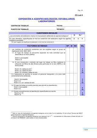 105
Pág. 1/5
CC-Lab 8
EXPOSICIÓN A AGENTES BIOLÓGICOS. ESTABULARIOS.
LABORATORIOS.
CENTRO DE TRABAJO:_______________________________ FECHA:____________________
PUESTO DE TRABAJO:_______________________________ TÉCNICO:___________________
CUESTIONES INICIALES
¿Las actividades del estabulario implican la manipulación deliberada de agentes biológicos?
Si No *
En caso afirmativo, especifíquese el nivel de contención del estabulario según los agentes
biológicos previsibles
2 3 4
*
En caso negativo se clasificará el estabulario en el nivel de contención 2.
FACTORES DE RIESGO NP SI NO NDp
1. Las medidas de contención existentes son las exigibles según el grupo de
clasificación (R.D. 664/1.997):
1.1. El lugar de trabajo se encuentra separado de toda actividad que se
desarrolla en el mismo edificio.
Nivel 3: aconsejable
Nivel 4: Sí
4
10
1.2. El aire introducido y extraído del lugar de trabajo se filtra mediante la
utilización de filtros de alta eficacia para partículas en el aire (HEPA) o de
forma similar.
Nivel 2: Si, salida de aire
(1)
Nivel 3: Si, salida de aire
(2)
Nivel 4: Sí, entrada y salida de aire
4
6
10
1.3. Solamente se permite el acceso al personal designado y la zona está
convenientemente señalizada.
Nivel 2: Aconsejable
Nivel 3: Si
Nivel 4: Sí, con esclusa de aire
2
6
10
1.4. El lugar de trabajo se puede precintar para permitir su desinfección.
Nivel 3: Aconsejable
Nivel 4: Si
6
10
1.5. Existen procedimientos de desinfección especificados por escrito.
Nivel 2 y 3: Si
Nivel 4: Si
6
10
(1)
Sólo en caso de manipulación de agentes biológicos con la nota C en el apéndice 10 de la Guía Técnica del INSHT
sobre Exposición a Agentes Biológicos.
(2)
Para la manipulación de agentes biológicos que aparecen con 3
(*)
- normalmente no infecciosos a través del aire- en
el Anexo II del RD664/97, esta medida no será imprescindible.
 