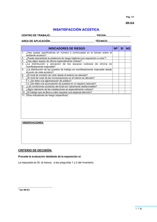 116
Pág. 1/1
IIR-G4
INSATISFACCIÓN ACÚSTICA
CENTRO DE TRABAJO:________________________________ FECHA:_________________
AREA DE APLICACIÓN:_______________________________ TÉCNICO:________________
INDICADORES DE RIESGO NP SI NO
1. ¿Hay quejas significativas en número o continuadas en el tiempo sobre el
ambiente acústico?
2. ¿Puede descartarse la existencia de riesgo higiénico por exposición a ruido
1
?
3. ¿Hay algún equipo de oficina especialmente ruidoso?
4. ¿La distribución y ubicación de los equipos ruidosos de oficina es
manifiestamente mejorable?
5. ¿La distribución de los puestos de trabajo es manifiestamente mejorable desde
el punto de vista acústico?
6. ¿El nivel de inmisión de ruido desde el exterior es elevado?
7. ¿El nivel de ruido de las conversaciones en el interior es elevado?
7.1 ¿Se debe a la aglomeración de público?
7.2 ¿Se debe a la acumulación de puestos en un espacio reducido?
8. ¿Las condiciones acústicas del local son claramente desfavorables?
9. ¿Algún elemento de las instalaciones es especialmente ruidoso?
10. ¿El trabajo que se lleva a cabo requiere una especial atención?
11. Otros indicadores de riesgo (especificar)
OBSERVACIONES:
CRITERIO DE DECISIÓN:
Procede la evaluación detallada de la exposición si:
La respuesta es SI, al menos, a las preguntas 1 y 2 del inventario.
1
Ver IIR-G1
 