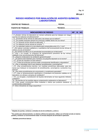 117
Pág. 1/2
IIR-Lab 1
RIESGO HIGIÉNICO POR INHALACIÓN DE AGENTES QUÍMICOS.
LABORATORIOS
CENTRO DE TRABAJO:________________________________ FECHA:___________________
PUESTO DE TRABAJO:_______________________________ TÉCNICO:__________________
INDICADORES DE RIESGO NP SI NO
→1.¿Existen vitrinas de laboratorio en número suficiente para los trabajos con riesgo
que han de realizarse simultáneamente?
→2. ¿El tamaño de las vitrinas es adecuado a las tareas que se realizan?
→3. ¿Es posible manipular siempre los productos volátiles dentro de una vitrina?
→4. ¿La ubicación de las vitrinas es adecuada
1
?
→5. ¿La utilización de las vitrinas es correcta
2
?
→6. ¿La velocidad media en la cara abierta está comprendida entre 0,5 y 1 m/s?
7. ¿Se realizan controles cualitativos y cuantitativos del funcionamiento de las vitrinas al
menos una vez al trimestre?
8. ¿Se cambian los filtros con la periodicidad recomendada por el fabricante?
9. ¿Hay, y se cumple, un programa de mantenimiento preventivo de las vitrinas
adaptado a las recomendaciones del fabricante?
10. ¿Dispone el laboratorio de ventilación general forzada?
11. ¿El sistema está diseñado para mantener una pequeña depresión en el recinto?
→12. ¿El aire de impulsión es todo exterior?
→13. ¿Todos los productos químicos están correctamente identificados y etiquetados?
14. ¿Hay un etiquetaje interno para destacar sensibilizantes y cancerígenos?
→15. ¿Hay procedimientos escritos, con medidas preventivas adecuadas, para las
tareas que impliquen la manipulación de sensibilizantes, cancerígenos o productos muy
tóxicos?
16. ¿Son estos procedimientos de conocimiento y cumplimiento generales?
→17. ¿Hay un almacenamiento significativo e innecesario de productos volátiles en el
laboratorio, en vitrinas o armarios sin ventilación?
→18. ¿La recogida y neutralización de líquidos derramados se hace siguiendo métodos
prefijados?
19. ¿Se percibe por los sentidos alguna contaminación ambiental en el laboratorio?
20. ¿Hay quejas consistentes sobre molestias o daños que pudieran obedecer a
contaminantes ambientales?
21. Otros indicadores de riesgo (especificar)
1
Alejadas de puertas, ventanas o entradas de aire de ventilación, y entre sí.
2
No usarlas para almacenamiento, no obstruir orificios de aspiración, utilizar con el frontal cerrado al máximo
posible y mantener su funcionamiento hasta 15 minutos después de terminada la operación.
→ Medidas preventivas básicas
 