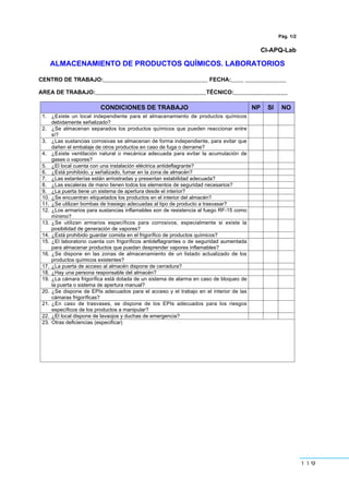 119
Pág. 1/2
CI-APQ-Lab
ALMACENAMIENTO DE PRODUCTOS QUÍMICOS. LABORATORIOS
CENTRO DE TRABAJO:_________________________________ FECHA:____ _____________
AREA DE TRABAJO:___________________________________TÉCNICO:_________________
CONDICIONES DE TRABAJO NP SI NO
1. ¿Existe un local independiente para el almacenamiento de productos químicos
debidamente señalizado?
2. ¿Se almacenan separados los productos químicos que pueden reaccionar entre
sí?
3. ¿Las sustancias corrosivas se almacenan de forma independiente, para evitar que
dañen el embalaje de otros productos en caso de fuga o derrame?
4. ¿Existe ventilación natural o mecánica adecuada para evitar la acumulación de
gases o vapores?
5. ¿El local cuenta con una instalación eléctrica antideflagrante?
6. ¿Está prohibido, y señalizado, fumar en la zona de almacén?
7. ¿Las estanterías están arriostradas y presentan estabilidad adecuada?
8. ¿Las escaleras de mano tienen todos los elementos de seguridad necesarios?
9. ¿La puerta tiene un sistema de apertura desde el interior?
10. ¿Se encuentran etiquetados los productos en el interior del almacén?
11. ¿Se utilizan bombas de trasiego adecuadas al tipo de producto a trasvasar?
12. ¿Los armarios para sustancias inflamables son de resistencia al fuego RF-15 como
mínimo?
13. ¿Se utilizan armarios específicos para corrosivos, especialmente si existe la
posibilidad de generación de vapores?
14. ¿Está prohibido guardar comida en el frigorífico de productos químicos?
15. ¿El laboratorio cuenta con frigoríficos antideflagrantes o de seguridad aumentada
para almacenar productos que puedan desprender vapores inflamables?
16. ¿Se dispone en las zonas de almacenamiento de un listado actualizado de los
productos químicos existentes?
17. ¿La puerta de acceso al almacén dispone de cerradura?
18. ¿Hay una persona responsable del almacén?
19. ¿La cámara frigorífica está dotada de un sistema de alarma en caso de bloqueo de
la puerta o sistema de apertura manual?
20. ¿Se dispone de EPIs adecuados para el acceso y el trabajo en el interior de las
cámaras frigoríficas?
21. ¿En caso de trasvases, se dispone de los EPIs adecuados para los riesgos
específicos de los productos a manipular?
22. ¿El local dispone de lavaojos y duchas de emergencia?
23. Otras deficiencias (especificar)
 