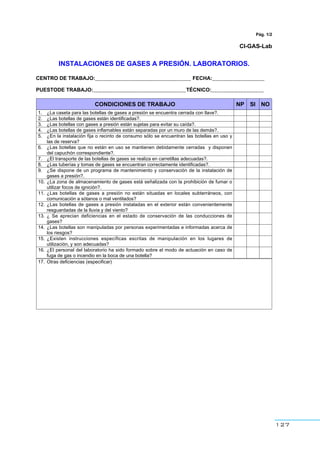 127
Pág. 1/2
CI-GAS-Lab
INSTALACIONES DE GASES A PRESIÓN. LABORATORIOS.
CENTRO DE TRABAJO:_________________________________ FECHA:__________________
PUESTODE TRABAJO:________________________________TÉCNICO:__________________
CONDICIONES DE TRABAJO NP SI NO
1. ¿La caseta para las botellas de gases a presión se encuentra cerrada con llave?.
2. ¿Las botellas de gases están identificadas?.
3. ¿Las botellas con gases a presión están sujetas para evitar su caída?.
4. ¿Las botellas de gases inflamables están separadas por un muro de las demás?.
5. ¿En la instalación fija o recinto de consumo sólo se encuentran las botellas en uso y
las de reserva?
6. ¿Las botellas que no están en uso se mantienen debidamente cerradas y disponen
del capuchón correspondiente?.
7. ¿El transporte de las botellas de gases se realiza en carretillas adecuadas?.
8. ¿Las tuberías y tomas de gases se encuentran correctamente identificadas?.
9. ¿Se dispone de un programa de mantenimiento y conservación de la instalación de
gases a presión?.
10. ¿La zona de almacenamiento de gases está señalizada con la prohibición de fumar o
utilizar focos de ignición?.
11. ¿Las botellas de gases a presión no están situadas en locales subterráneos, con
comunicación a sótanos o mal ventilados?
12. ¿Las botellas de gases a presión instaladas en el exterior están convenientemente
resguardadas de la lluvia y del viento?
13. ¿ Se aprecian deficiencias en el estado de conservación de las conducciones de
gases?
14. ¿Las botellas son manipuladas por personas experimentadas e informadas acerca de
los riesgos?
15. ¿Existen instrucciones específicas escritas de manipulación en los lugares de
utilización, y son adecuadas?
16. ¿El personal del laboratorio ha sido formado sobre el modo de actuación en caso de
fuga de gas o incendio en la boca de una botella?
17. Otras deficiencias (especificar)
 