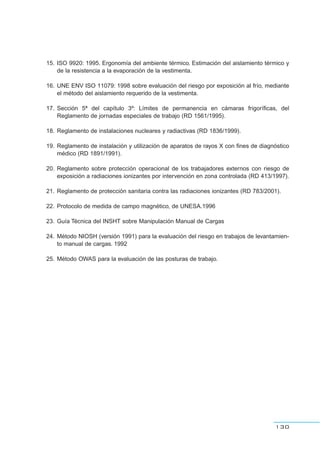 15. ISO 9920: 1995. Ergonomía del ambiente térmico. Estimación del aislamiento térmico y
de la resistencia a la evaporación de la vestimenta.
16. UNE ENV ISO 11079: 1998 sobre evaluación del riesgo por exposición al frío, mediante
el método del aislamiento requerido de la vestimenta.
17. Sección 5ª del capítulo 3º: Límites de permanencia en cámaras frigoríficas, del
Reglamento de jornadas especiales de trabajo (RD 1561/1995).
18. Reglamento de instalaciones nucleares y radiactivas (RD 1836/1999).
19. Reglamento de instalación y utilización de aparatos de rayos X con fines de diagnóstico
médico (RD 1891/1991).
20. Reglamento sobre protección operacional de los trabajadores externos con riesgo de
exposición a radiaciones ionizantes por intervención en zona controlada (RD 413/1997).
21. Reglamento de protección sanitaria contra las radiaciones ionizantes (RD 783/2001).
22. Protocolo de medida de campo magnético, de UNESA.1996
23. Guía Técnica del INSHT sobre Manipulación Manual de Cargas
24. Método NIOSH (versión 1991) para la evaluación del riesgo en trabajos de levantamien-
to manual de cargas. 1992
25. Método OWAS para la evaluación de las posturas de trabajo.
130
 