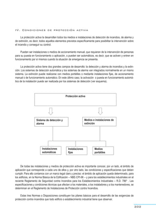 IV. Condiciones de protección activa
La protección activa la desarrollan todos los medios e instalaciones de detección de incendios, de alarma y
de extinción, es decir, todos aquellos elementos previstos específicamente para posibilitar la intervención sobre
el incendio y conseguir su control.
Pueden ser instalaciones o medios de accionamiento manual, que requieran de la intervención de personas
para su puesta en funcionamiento o aplicación, o pueden ser automáticos, es decir, que se activen y entren en
funcionamiento por sí mismos cuando la situación de emergencia se presenta.
La protección activa tiene dos grandes campos de desarrollo: la detección y alarma de incendios y la extin-
ción. Los sistemas de detección automática y los sistemas de alarma van integrados normalmente en un mismo
sistema. La extinción puede realizarse con medios portátiles o mediante instalaciones fijas, de accionamiento
manual o de funcionamiento automático. En este último caso, la activación o puesta en funcionamiento automá-
tico de la instalación puede ser realizada por los sistemas de detección (ver esquema).
202
Protección activa
Sistema de detección y
alarma
Instalaciones
automáticas
Instalaciones
fijas
Medios
portátiles
Medios e instalaciones de
extinción
➡➡
➡➡
De todas las instalaciones y medios de protección activa es importante conocer, por un lado, el ámbito de
aplicación que corresponde a cada uno de ellos y, por otro lado, las condiciones y especificaciones que deben
cumplir. Para ello contamos con un marco legal claro y preciso: el ámbito de aplicación queda determinado, para
los edificios, en la Norma Básica de la Edificación – NBE-CPI-96 – y para los establecimientos industriales en el
reciente Reglamento de Seguridad contra Incendios para los Establecimientos Industriales – R.D. 786* . Las
especificaciones y condiciones técnicas que afectan a los materiales, a los instaladores y a los mantenedores, se
determinan en el Reglamento de Instalaciones de Protección contra Incendios.
Estas tres Normas o Disposiciones constituyen los pilares básicos para el desarrollo de las exigencias de
protección contra incendios que todo edificio o establecimiento industrial tiene que observar.
 