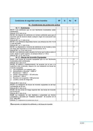 220
Condiciones de seguridad contra incendios NP Si No NI
Observaciones a la dotación de extintores y a las bocas de incendio:
 