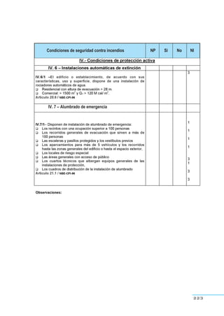 223
Condiciones de seguridad contra incendios NP Si No NI
IV. 7 – Alumbrado de emergencia
 