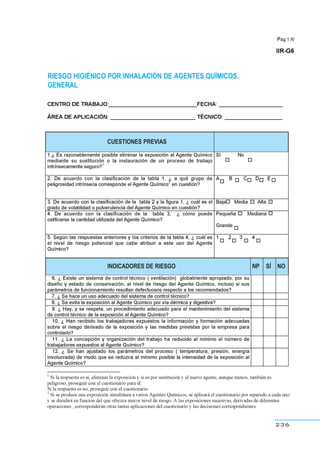236
RIESGO HIGIÉNICO POR INHALACIÓN DE AGENTES QUÍMICOS.
GENERAL
INDICADORES DE RIESGO NP SÍ NO
CUESTIONES PREVIAS
 