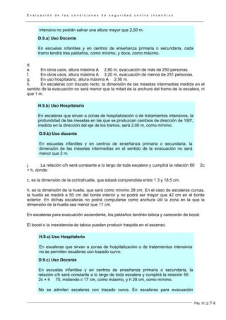 E v a l u a c i ó n d e l a s c o n d i c i o n e s d e s e g u r i d a d c o n t r a i n c e n d i o s
Pág. 32
intensivo no podrán salvar una altura mayor que 2,50 m.
D.9.a) Uso Docente
En escuelas infantiles y en centros de enseñanza primaria o secundaria, cada
tramo tendrá tres peldaños, como mínimo, y doce, como máximo.
d.
e. En otros usos, altura máxima A 2,80 m, evacuación de más de 250 personas.
f. En otros usos, altura máxima A 3.20 m, evacuación de menos de 251 personas.
g. En uso hospitalario, altura máxima A 2,50 m.
h. En escaleras con trazado recto, la dimensión de las mesetas intermedias medida en el
sentido de la evacuación no será menor que la mitad de la anchura del tramo de la escalera, ni
que 1 m.
H.9.b) Uso Hospitalario
En escaleras que sirvan a zonas de hospitalización o de tratamientos intensivos, la
profundidad de las mesetas en las que se produzcan cambios de dirección de 180º,
medida en la dirección del eje de los tramos, será 2,00 m, como mínimo.
D.9.b) Uso docente
En escuelas infantiles y en centros de enseñanza primaria o secundaria, la
dimensión de las mesetas intermedias en el sentido de la evacuación no será
menor que 2 m.
j. La relación c/h será constante a lo largo de toda escalera y cumplirá la relación 60 2c
+ h, donde:
c, es la dimensión de la contrahuella, que estará comprendida entre 1 3 y 18,5 cm.
h, es la dimensión de la huella, que será como mínimo 28 cm. En el caso de escaleras curvas,
la huella se medirá a 50 cm del borde interior y no podrá ser mayor que 42 cm en el borde
exterior. En dichas escaleras no podrá computarse como anchura útil la zona en la que la
dimensión de la huella sea menor que 17 cm.
En escaleras para evacuación ascendente, los peldaños tendrán tabica y carecerán de bocel.
El bocel o la inexistencia de tabica pueden producir traspiés en el ascenso.
H.9.c) Uso Hospitalario
En escaleras que sirvan a zonas de hospitalización o de tratamientos intensivos
no se permiten escaleras con trazado curvo.
D.9.c) Uso Docente
En escuelas infantiles y en centros de enseñanza primaria o secundaria, la
relación c/h será constante a lo largo de toda escalera y cumplirá la relación 55
2c + h 70, midiendo c 17 cm, como máximo, y h 28 cm, como mínimo.
No se admiten escaleras con trazado curvo. En escaleras para evacuación
274
 