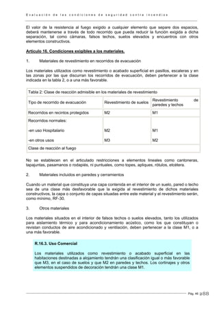 E v a l u a c i ó n d e l a s c o n d i c i o n e s d e s e g u r i d a d c o n t r a i n c e n d i o s
Pág. 46
El valor de la resistencia al fuego exigido a cualquier elemento que separe dos espacios,
deberá mantenerse a través de todo recorrido que pueda reducir la función exigida a dicha
separación, tal como cámaras, falsos techos, suelos elevados y encuentros con otros
elementos constructivos.
Artículo 16. Condiciones exigibles a los materiales.
1. Materiales de revestimiento en recorridos de evacuación
Los materiales utilizados como revestimiento o acabado superficial en pasillos, escaleras y en
las zonas por las que discurran los recorridos de evacuación, deben pertenecer a la clase
indicada en la tabla 2, o a una más favorable.
Tabla 2: Clase de reacción admisible en los materiales de revestimiento
Tipo de recorrido de evacuación Revestimiento de suelos
Revestimiento de
paredes y techos
Recorridos en recintos protegidos M2 M1
Recorridos normales:
-en uso Hospitalario
-en otros usos
M2
M3
M1
M2
Clase de reacción al fuego
No se establecen en el articulado restricciones a elementos lineales como cantoneras,
tapajuntas, pasamanos o rodapiés, ni puntuales, como topes, apliques, rótulos, etcétera.
2. Materiales incluidos en paredes y cerramientos
Cuando un material que constituya una capa contenida en el interior de un suelo, pared o techo
sea de una clase más desfavorable que la exigida al revestimiento de dichos materiales
constructivos, la capa o conjunto de capas situadas entre este material y el revestimiento serán,
como mínimo, RF-30.
3. Otros materiales
Los materiales situados en el interior de falsos techos o suelos elevados, tanto los utilizados
para aislamiento térmico y para acondicionamiento acústico, como los que constituyan o
revistan conductos de aire acondicionado y ventilación, deben pertenecer a la clase M1, o a
una más favorable.
R.16.3. Uso Comercial
Los materiales utilizados como revestimiento o acabado superficial en las
habitaciones destinadas a alojamiento tendrán una clasificación igual o más favorable
que M3, en el caso de suelos y que M2 en paredes y techos. Los cortinajes y otros
elementos suspendidos de decoración tendrán una clase M1.
288
 