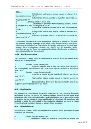 E v a l u a c i ó n d e l a s c o n d i c i o n e s d e s e g u r i d a d c o n t r a i n c e n d i o s
Pág. 53
200 m3
.
Esterilización y almacenes anejos, cuando el volumen de la
zona sea mayor que 100 m3
.
Laboratorios clínicos, cuando su superficie construida sea
mayor que 350 m2
.
6. Locales y zonas de riesgo bajo.
Almacenes de productos farmacéuticos y clínicos, cuando
el volumen de la zona sea mayor que 100 m3
.
Lavandería, cuando el volumen de la zona sea mayor que
100 m3
.
Esterilización y almacenes anejos, cuando el volumen de la
zona sea mayor que 100 m3
.
Laboratorios clínicos, cuando su superficie construida sea
menor que 350 m².
Los diseños de nuevos recursos hospitalarios parten de la separación física de
las áreas de servicios generales de los asistenciales destinados tanto a pacientes
internos como ambulatorios. Este criterio, de carácter básicamente funcional y de
gestión, tiene implicaciones directas en relación con la seguridad contra
incendios, ya que las áreas con riesgos potenciales más elevados se alejan de
las áreas ocupadas por los pacientes.
A.19.1. Uso Administrativo
Se consideran locales y zonas de riesgo especial, además de las que se indican en
el artículo 9, las siguientes:
7. Locales y zonas de riesgo alto:
Imprentas y locales anejos, tales como almacenes de papel o
de publicaciones, encuadernado, etc., cuando el volumen de la zona sea mayor
que 200 m2
.
8. Locales y zonas de riesgo medio:
Imprentas y locales anejos, cuando el volumen sea mayor
que 100 m3
.
Reprografía y locales anejos, cuando el volumen sea mayor
que 200 m3
.
Zona destinada a destrucción de documentación, cuando su
superficie construida sea mayor que 15 m3
.
D.19.1. Uso Docente
Los laboratorios y los talleres de centros universitarios y de centro de formación
profesional, además de cumplir las reglamentaciones específicas aplicables a las
actividades a las que estén destinados, serán clasificados por el autor del proyecto
de acuerdo con los niveles de riesgo establecidos en el artículo 19, atendiendo a la
cantidad y grado de peligrosidad de los productos utilizados así como al riesgo
inherente a los procesos en los que se utilicen dichos productos.
R.19.1. Uso Residencial
Se consideran locales y zonas de riesgo especial, además de las que se indican en el
artículo 9, las siguientes:
9. Locales y zonas de riesgo alto
Lavandería, cuando su superficie construida sea mayor que
295
 